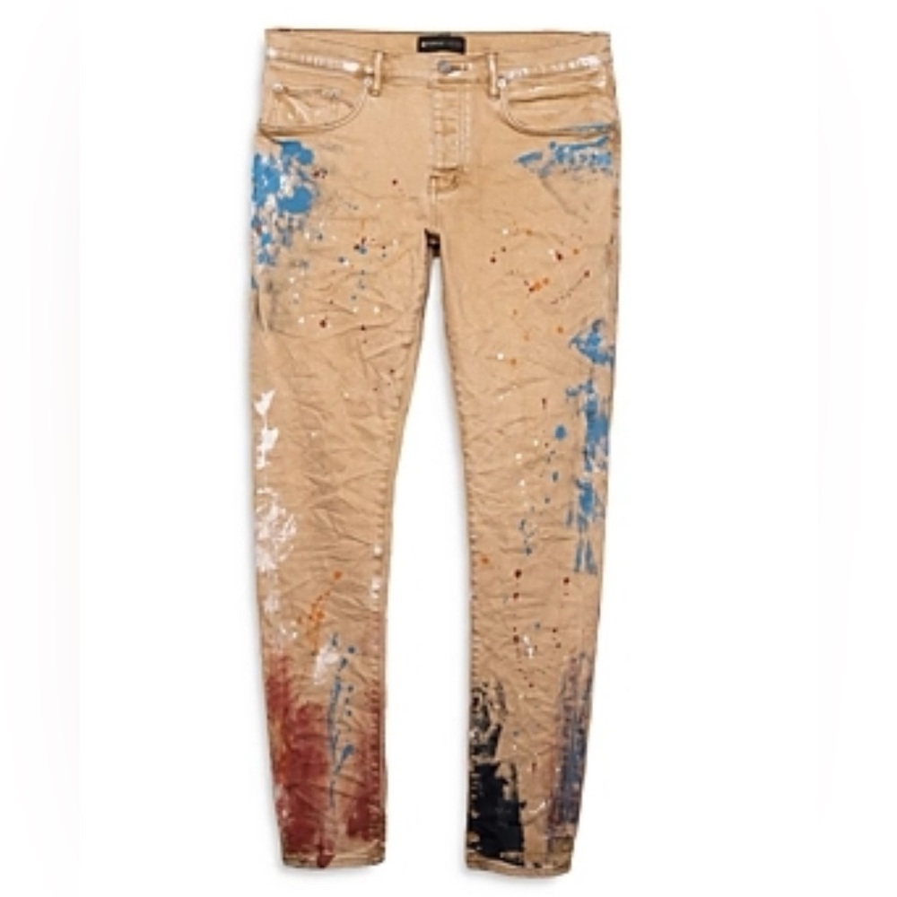 PURPLE BRAND P0001 Slim Fit Paint SplatterJeans in Sandstone Denim Men’s SZ 33
